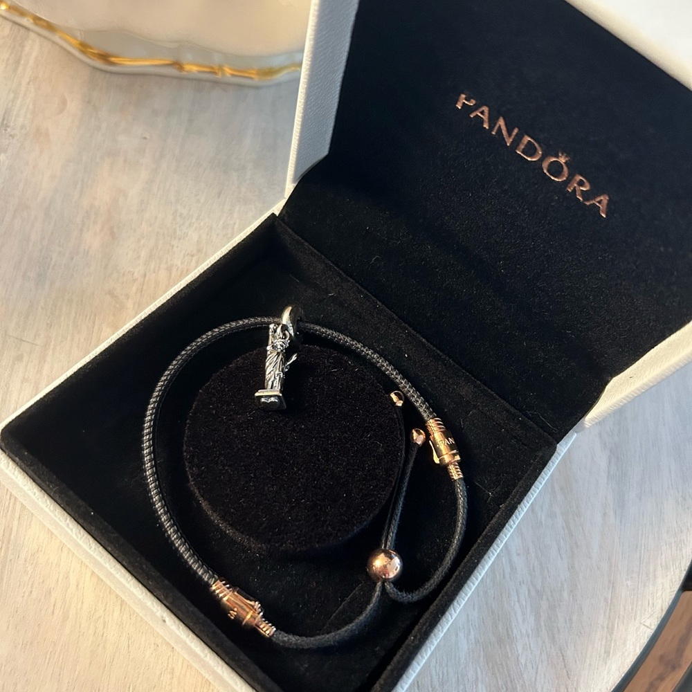 Pandora Leather Slider Bracelet Rose Gold with New York Statue of Liberty Charm
